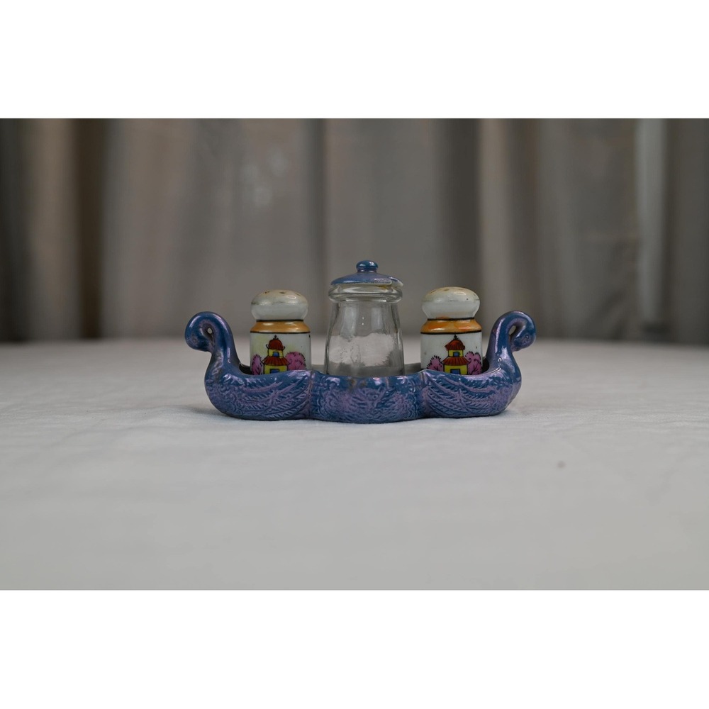 Vintage Lusterware Salt Pepper Sugar Set Made in Japan Blue Iridescent Pagoda